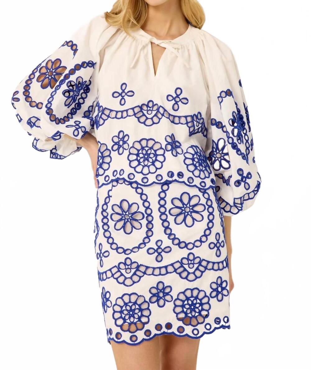 NEW MARIE OLIVER vara embroidered top in blue jay